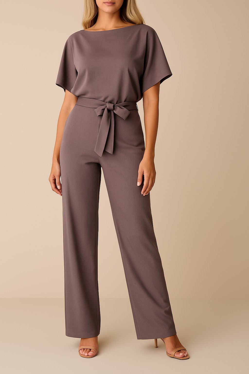 Damen Kurzarm Bindegürtel Weites-Bein Jumpsuit - Lila