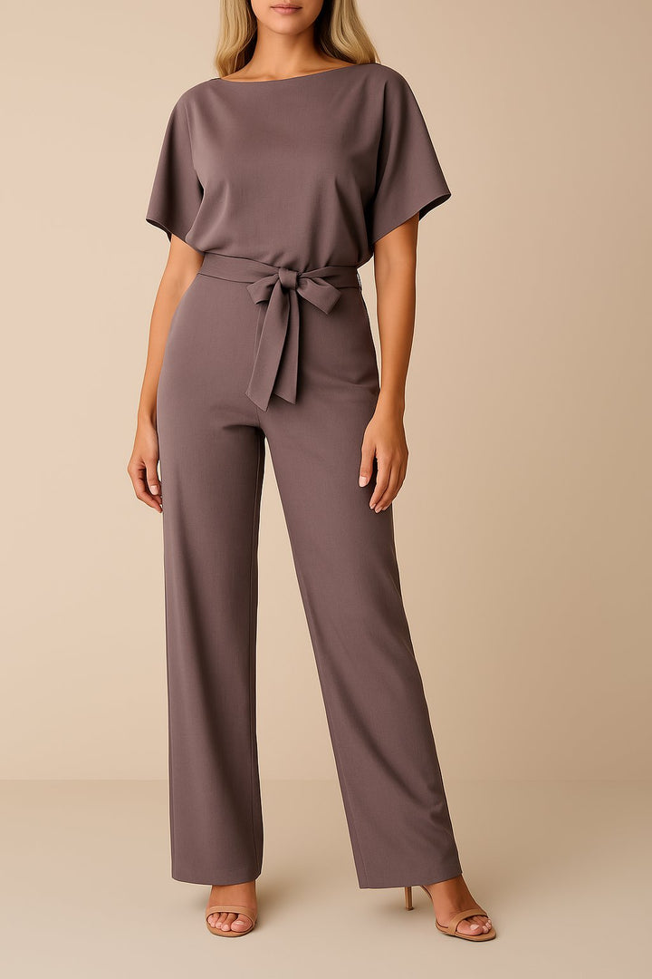 Damen Kurzarm Bindegürtel Weites-Bein Jumpsuit - Lila