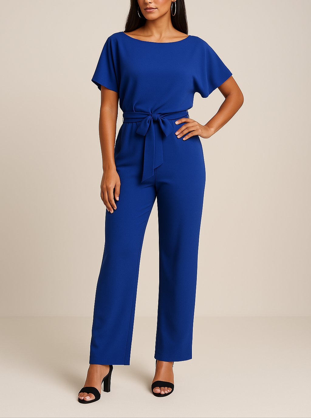 Damen Kurzarm Bindegürtel Weites-Bein Jumpsuit - Blau