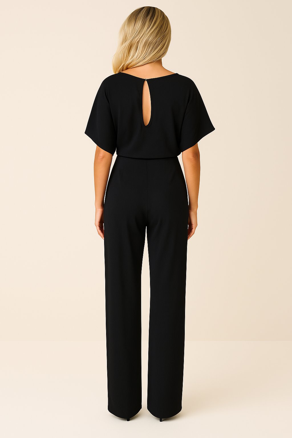 Damen Kurzarm Bindegürtel Weites-Bein Jumpsuit