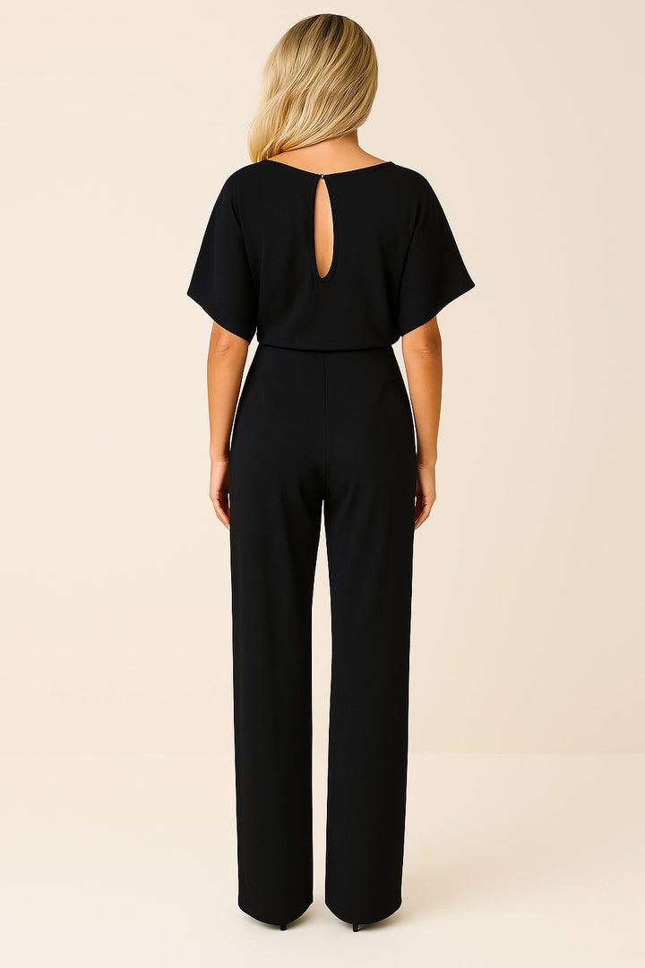 Damen Kurzarm Bindegürtel Weites-Bein Jumpsuit