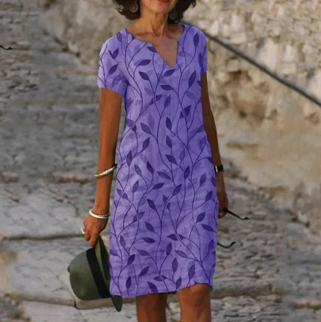 Damen Kurzarm Blattmuster V-Ausschnitt Sommerkleid - Lila