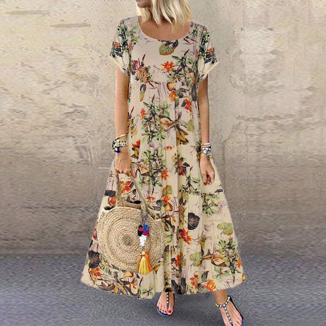 Damen Kurzarm Blumen Maxi-Kleid Locker Sommerkleid - Orange