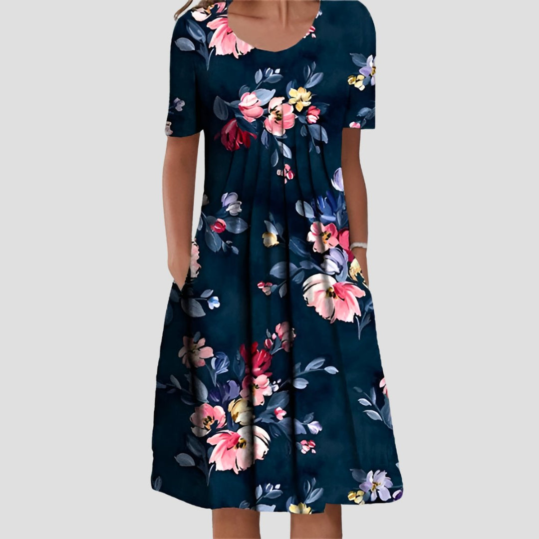 Damen Kurzarm Blumenkleid mit Taschendetails in A-Linie - Blau