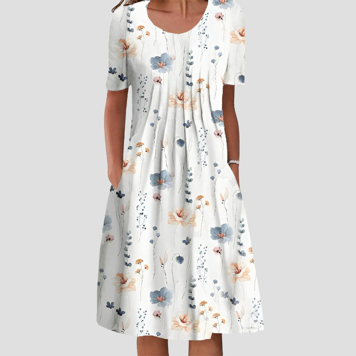 Damen Kurzarm Blumenkleid mit Taschendetails in A-Linie - Weiß