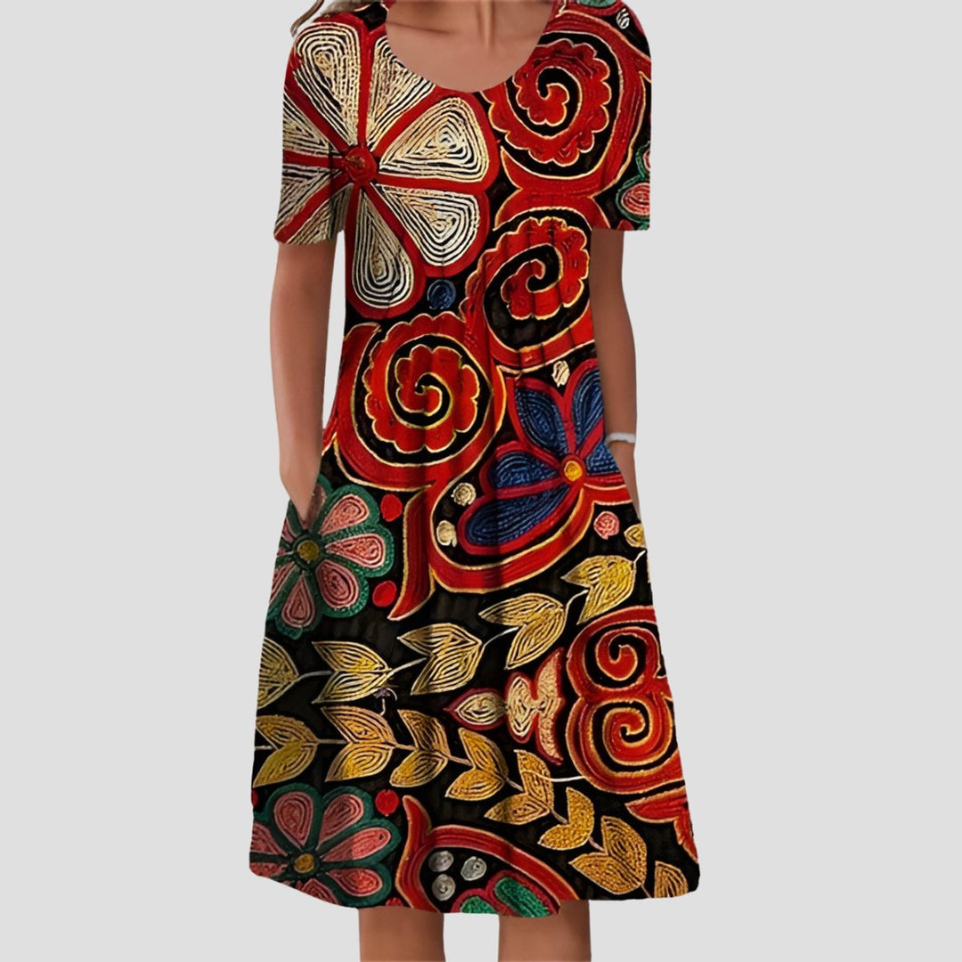 Damen Kurzarm Blumenkleid mit Taschendetails in A-Linie - Rot