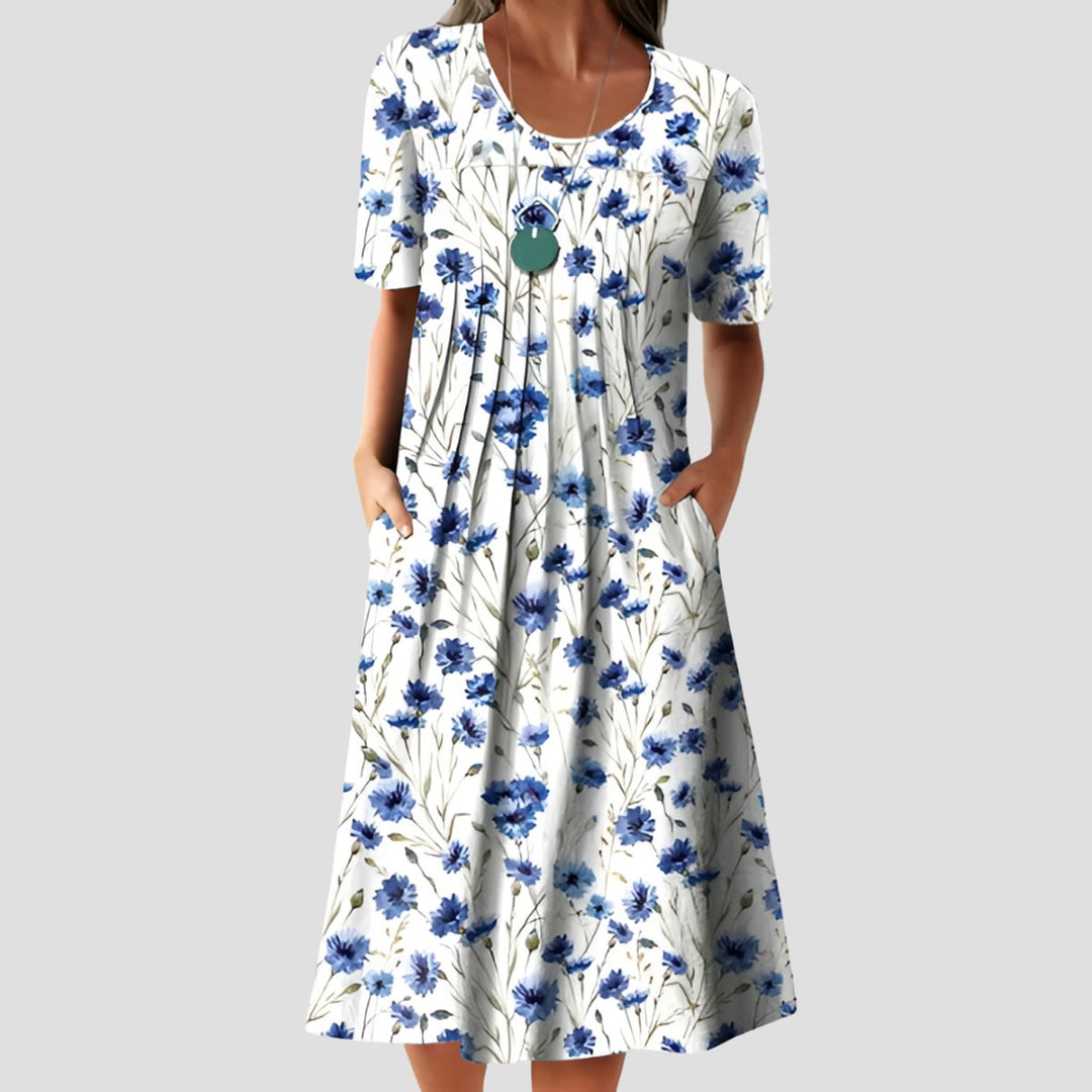 Damen Kurzarm Blumenkleid mit Taschendetails in A-Linie - Weiß-Blau