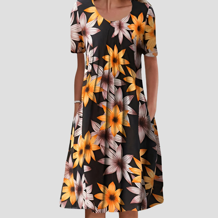 Damen Kurzarm Blumenkleid mit Taschendetails in A-Linie - Gelbe Blume