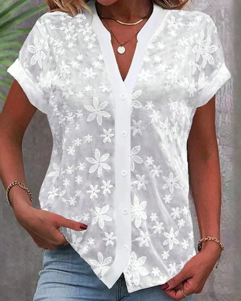 Damen Kurzarm Blumenstickerei Knopf-Bluse - White