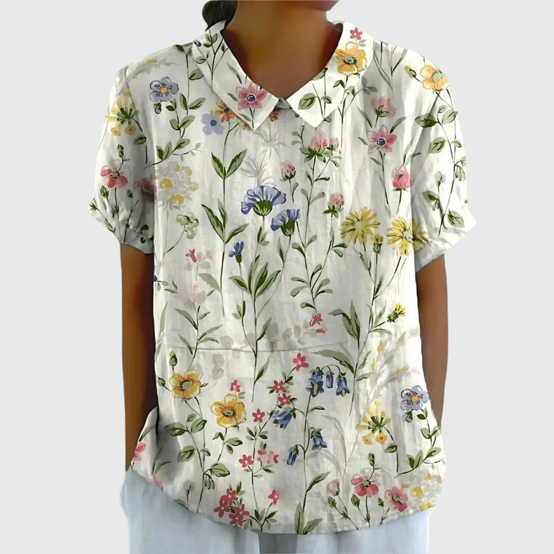 Damen Kurzarm-Bluse aus Leinen mit Blumendruck und Peter-Pan-Kragen - White