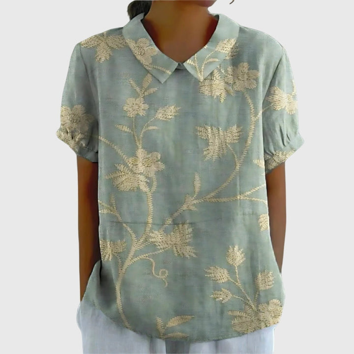 Damen Kurzarm-Bluse aus Leinen mit Blumendruck und Peter-Pan-Kragen - Sage Green 3