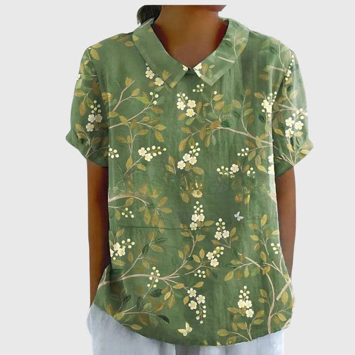Damen Kurzarm-Bluse aus Leinen mit Blumendruck und Peter-Pan-Kragen - Green