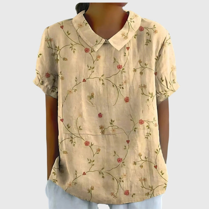 Damen Kurzarm-Bluse aus Leinen mit Blumendruck und Peter-Pan-Kragen - Light Yellow