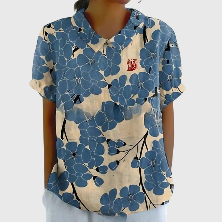 Damen Kurzarm-Bluse aus Leinen mit Blumendruck und Peter-Pan-Kragen - Dusty Blue
