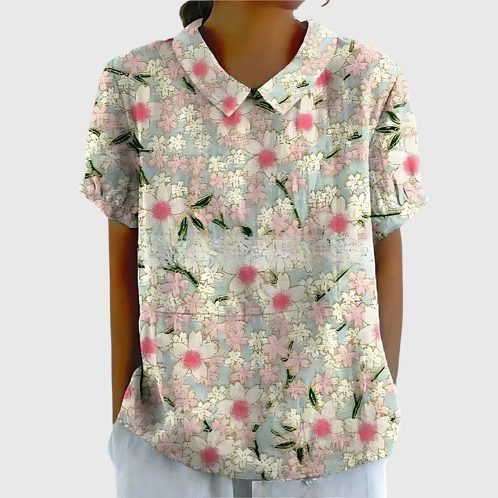 Damen Kurzarm-Bluse aus Leinen mit Blumendruck und Peter-Pan-Kragen - White 2