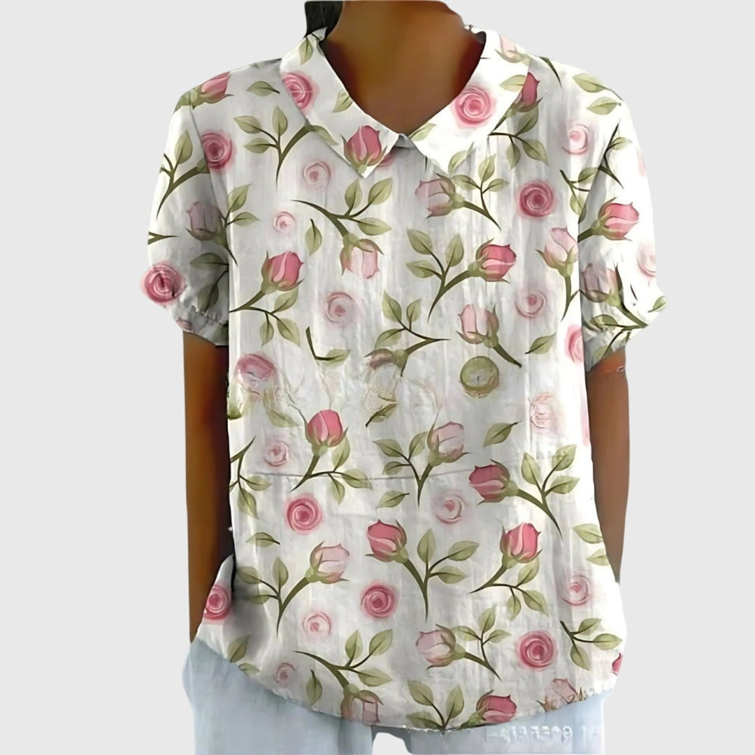 Damen Kurzarm-Bluse aus Leinen mit Blumendruck und Peter-Pan-Kragen - White 3