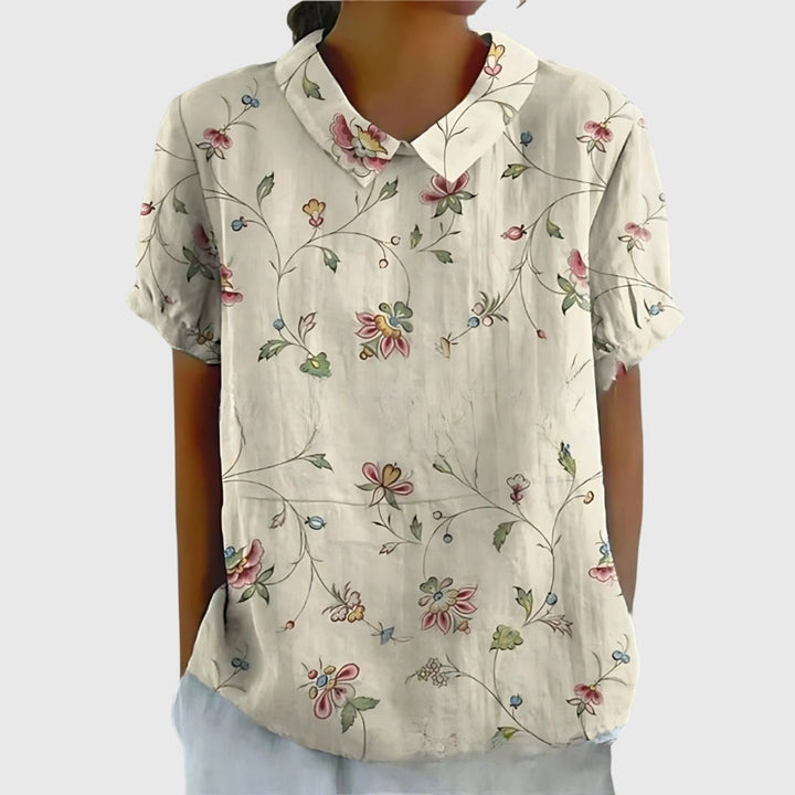 Damen Kurzarm-Bluse aus Leinen mit Blumendruck und Peter-Pan-Kragen - White 4