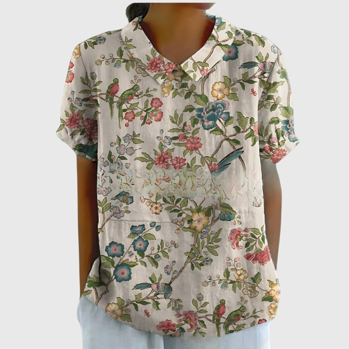 Damen Kurzarm-Bluse aus Leinen mit Blumendruck und Peter-Pan-Kragen - White 5