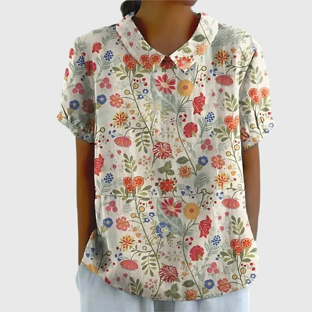 Damen Kurzarm-Bluse aus Leinen mit Blumendruck und Peter-Pan-Kragen - White 6