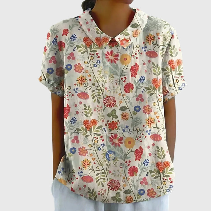 Damen Kurzarm-Bluse aus Leinen mit Blumendruck und Peter-Pan-Kragen - White 6