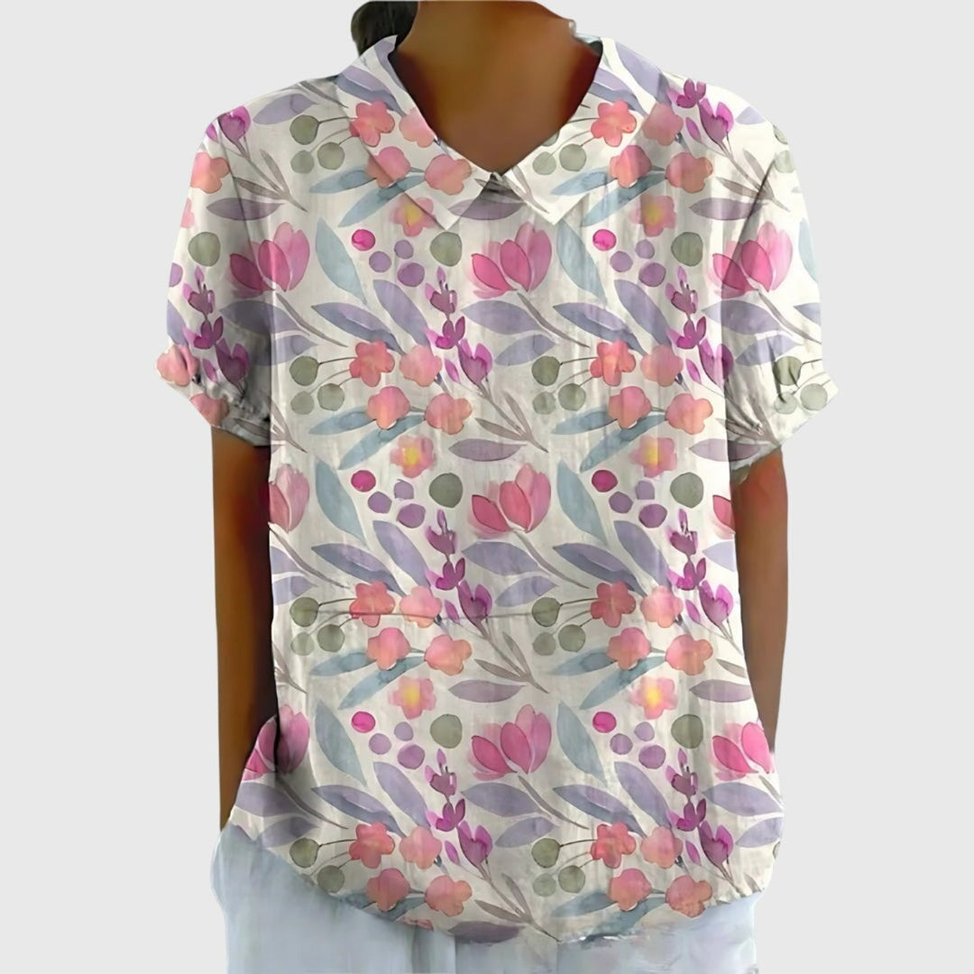 Damen Kurzarm-Bluse aus Leinen mit Blumendruck und Peter-Pan-Kragen - White 7