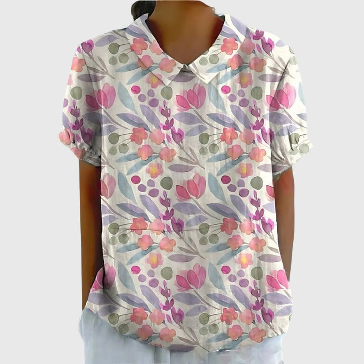 Damen Kurzarm-Bluse aus Leinen mit Blumendruck und Peter-Pan-Kragen - White 7