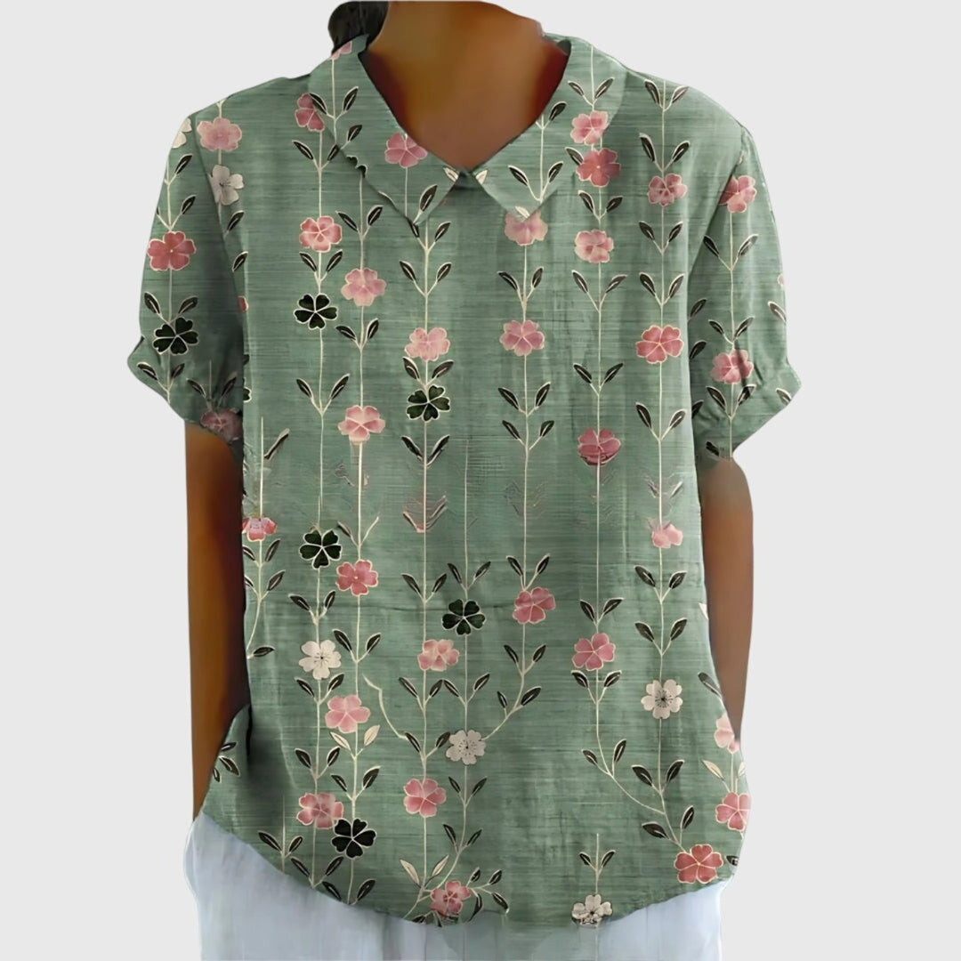 Damen Kurzarm-Bluse aus Leinen mit Blumendruck und Peter-Pan-Kragen - Sage Green