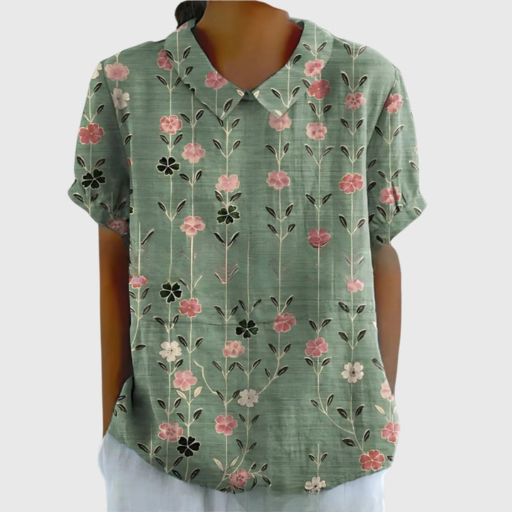 Damen Kurzarm-Bluse aus Leinen mit Blumendruck und Peter-Pan-Kragen - Sage Green