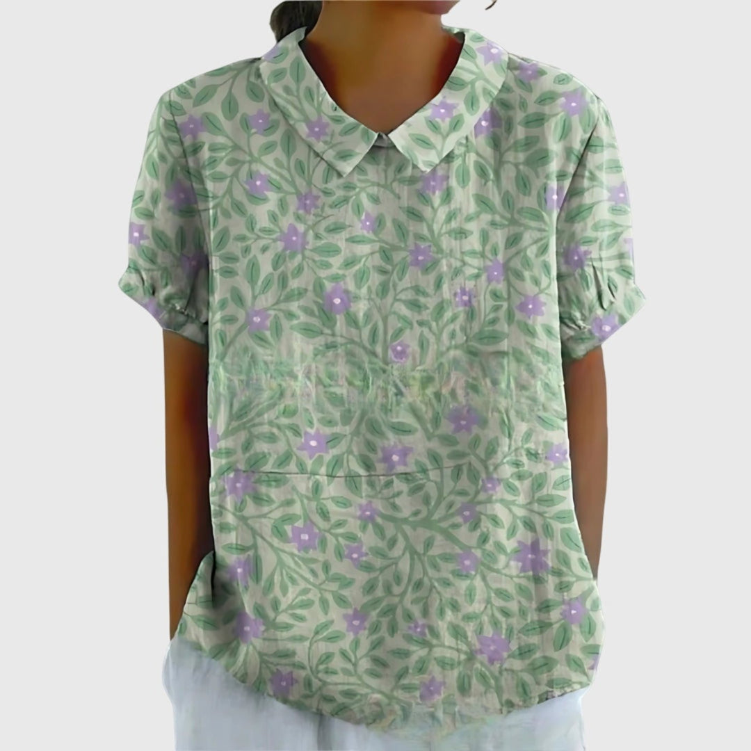 Damen Kurzarm-Bluse aus Leinen mit Blumendruck und Peter-Pan-Kragen - Sage Green 2
