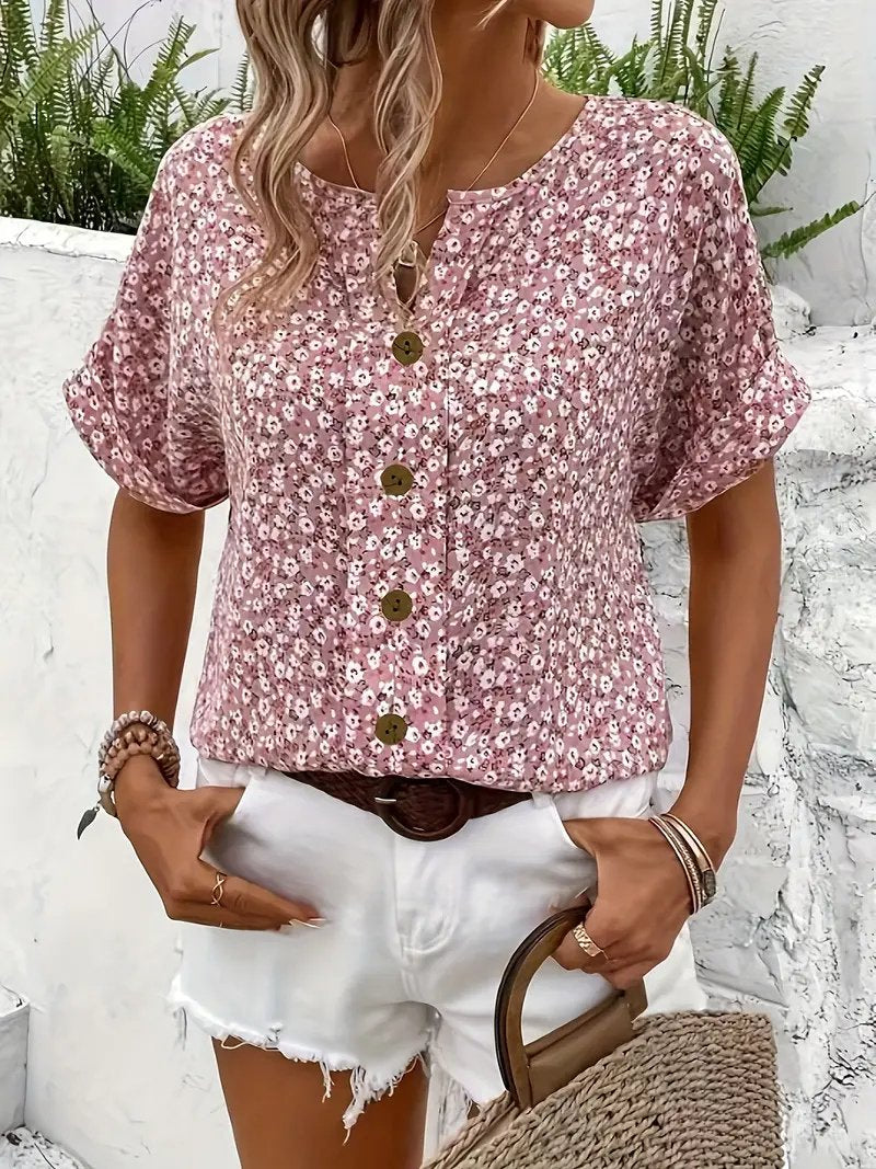 Damen Kurzarm-Bluse mit Blumendruck und Knopfleiste aus Baumwolle