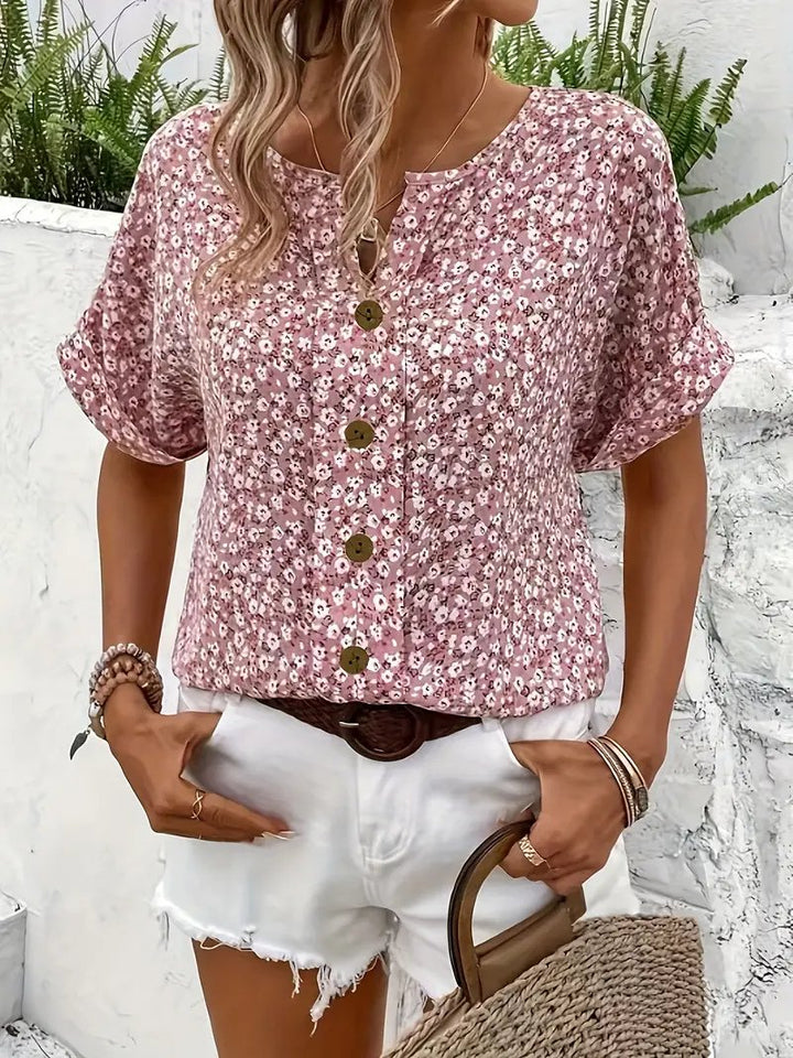 Damen Kurzarm-Bluse mit Blumendruck und Knopfleiste aus Baumwolle