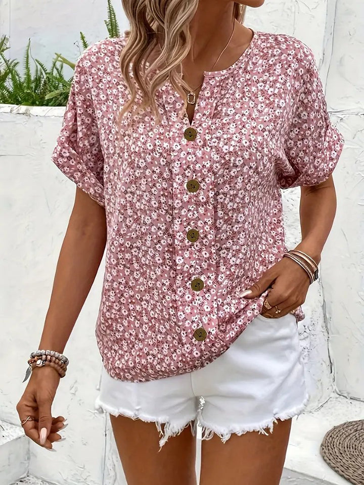 Damen Kurzarm-Bluse mit Blumendruck und Knopfleiste aus Baumwolle