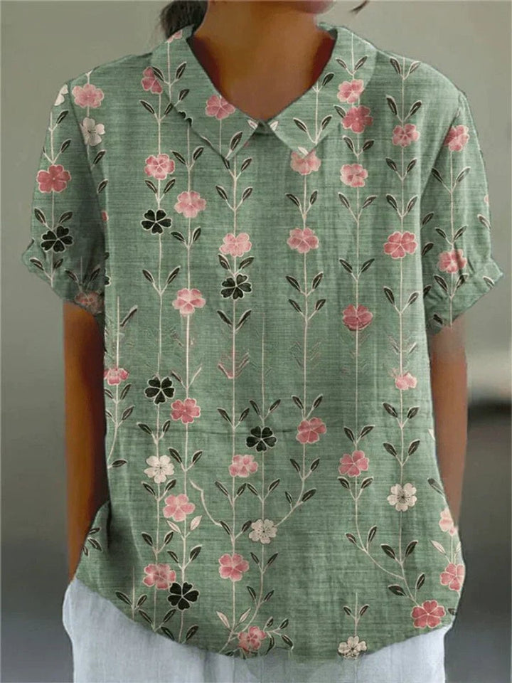 Damen Kurzarm-Bluse mit Blumenmuster und Hemdkragen - Blumenmuster 1