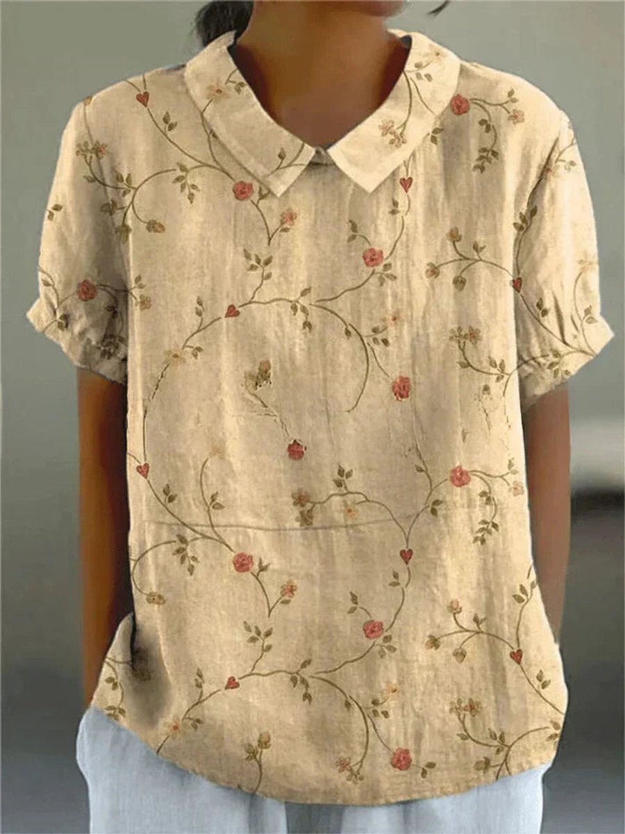 Damen Kurzarm-Bluse mit Blumenmuster und Hemdkragen - Blumenmuster 10