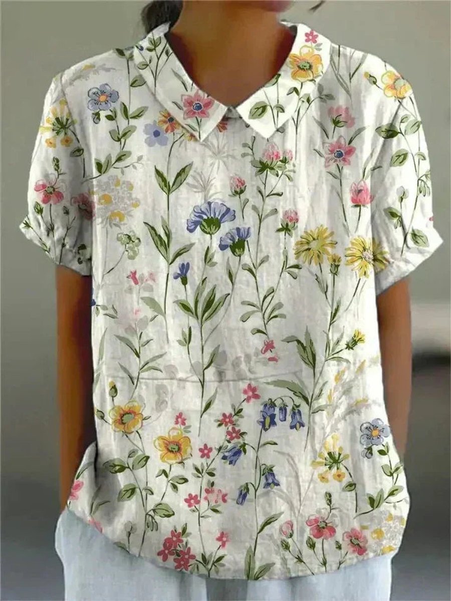 Damen Kurzarm-Bluse mit Blumenmuster und Hemdkragen - Blumenmuster 11
