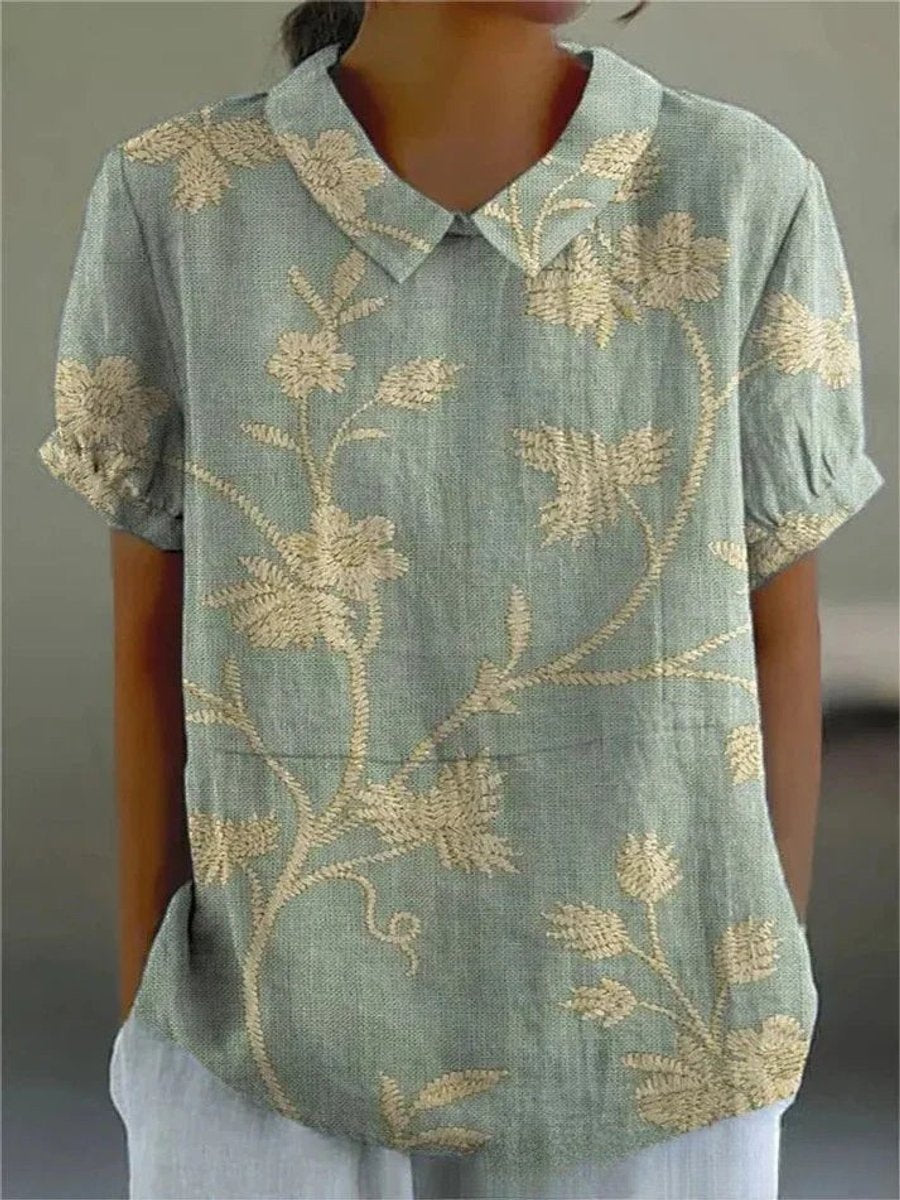 Damen Kurzarm-Bluse mit Blumenmuster und Hemdkragen - Blumenmuster 12