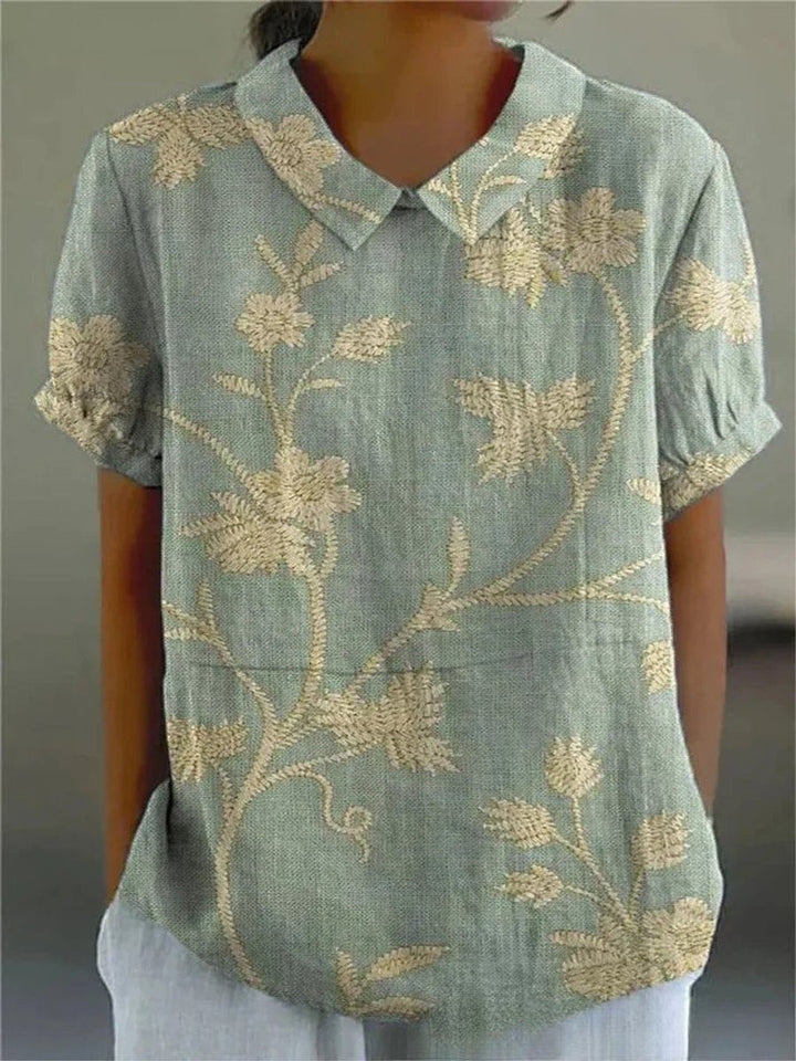 Damen Kurzarm-Bluse mit Blumenmuster und Hemdkragen - Blumenmuster 12