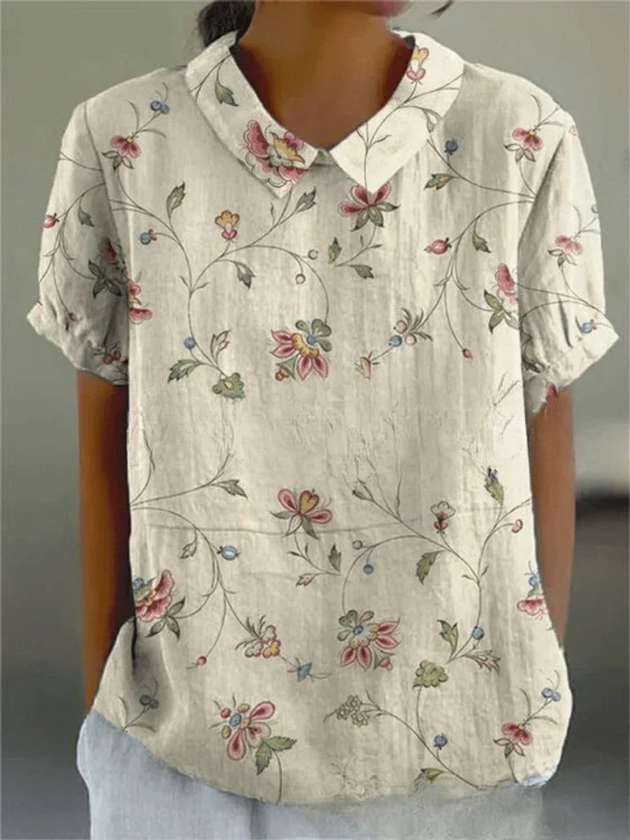 Damen Kurzarm-Bluse mit Blumenmuster und Hemdkragen - Blumenmuster 2