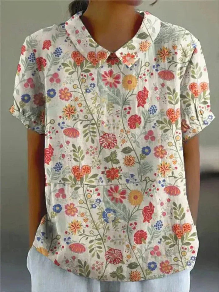 Damen Kurzarm-Bluse mit Blumenmuster und Hemdkragen - Blumenmuster 3