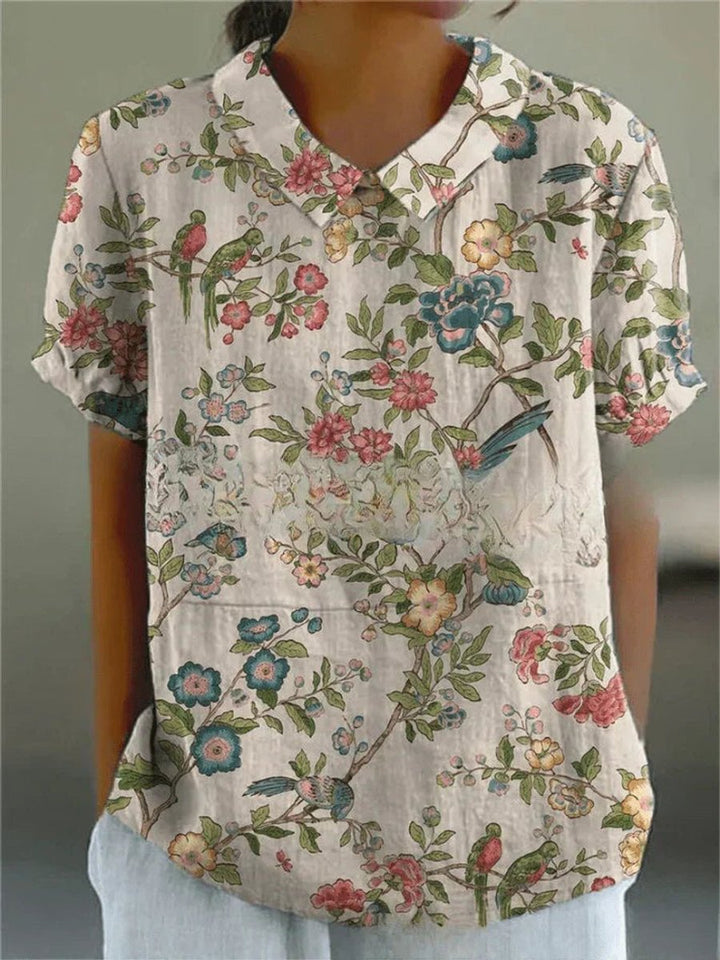 Damen Kurzarm-Bluse mit Blumenmuster und Hemdkragen - Blumenmuster 4