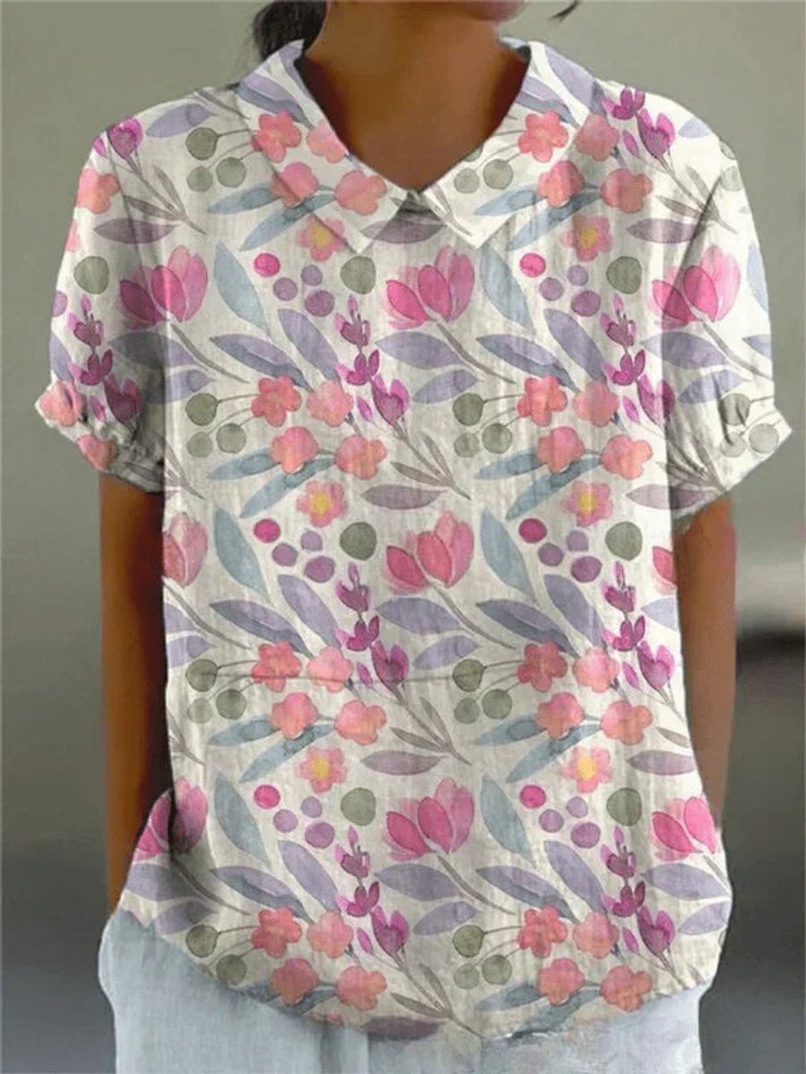 Damen Kurzarm-Bluse mit Blumenmuster und Hemdkragen - Blumenmuster 5
