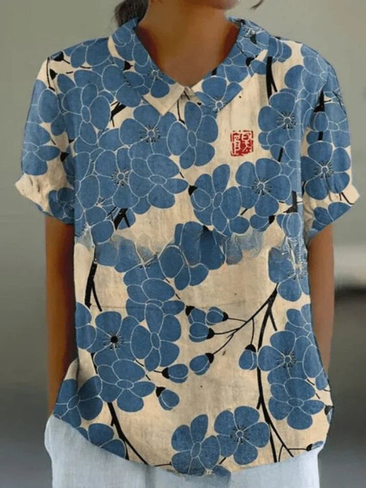 Damen Kurzarm-Bluse mit Blumenmuster und Hemdkragen - Blumenmuster 6