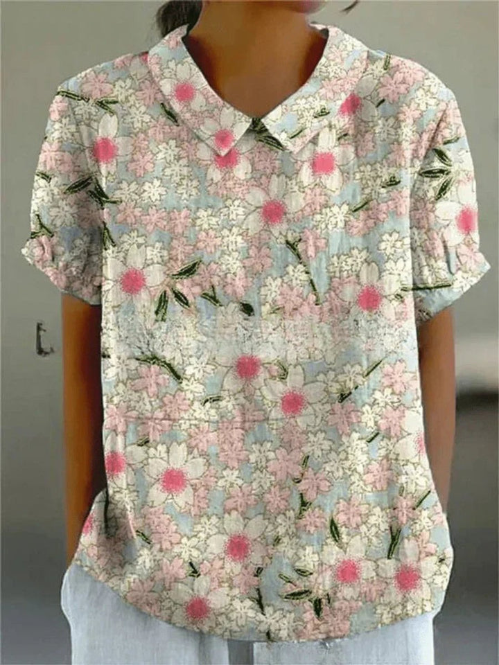 Damen Kurzarm-Bluse mit Blumenmuster und Hemdkragen - Blumenmuster 7