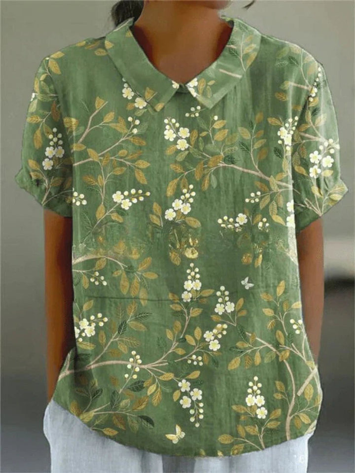 Damen Kurzarm-Bluse mit Blumenmuster und Hemdkragen - Blumenmuster 8