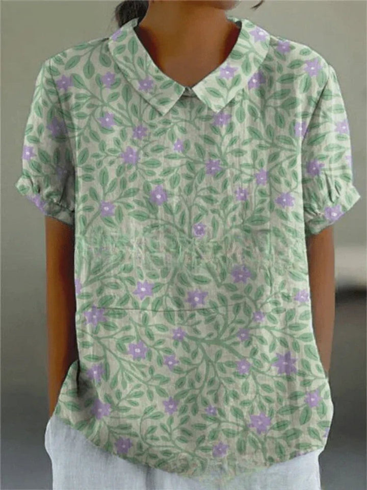 Damen Kurzarm-Bluse mit Blumenmuster und Hemdkragen - Blumenmuster 9
