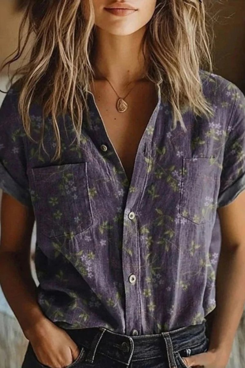 Damen Kurzarm Bluse mit floralem Vintage-Muster Baumwolle