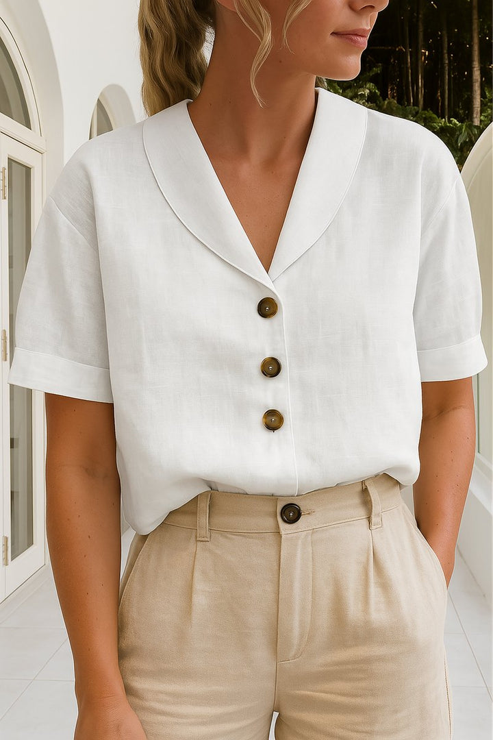 Damen Kurzarm-Bluse mit Knopfleiste Reverskragen Relaxed Fit - White
