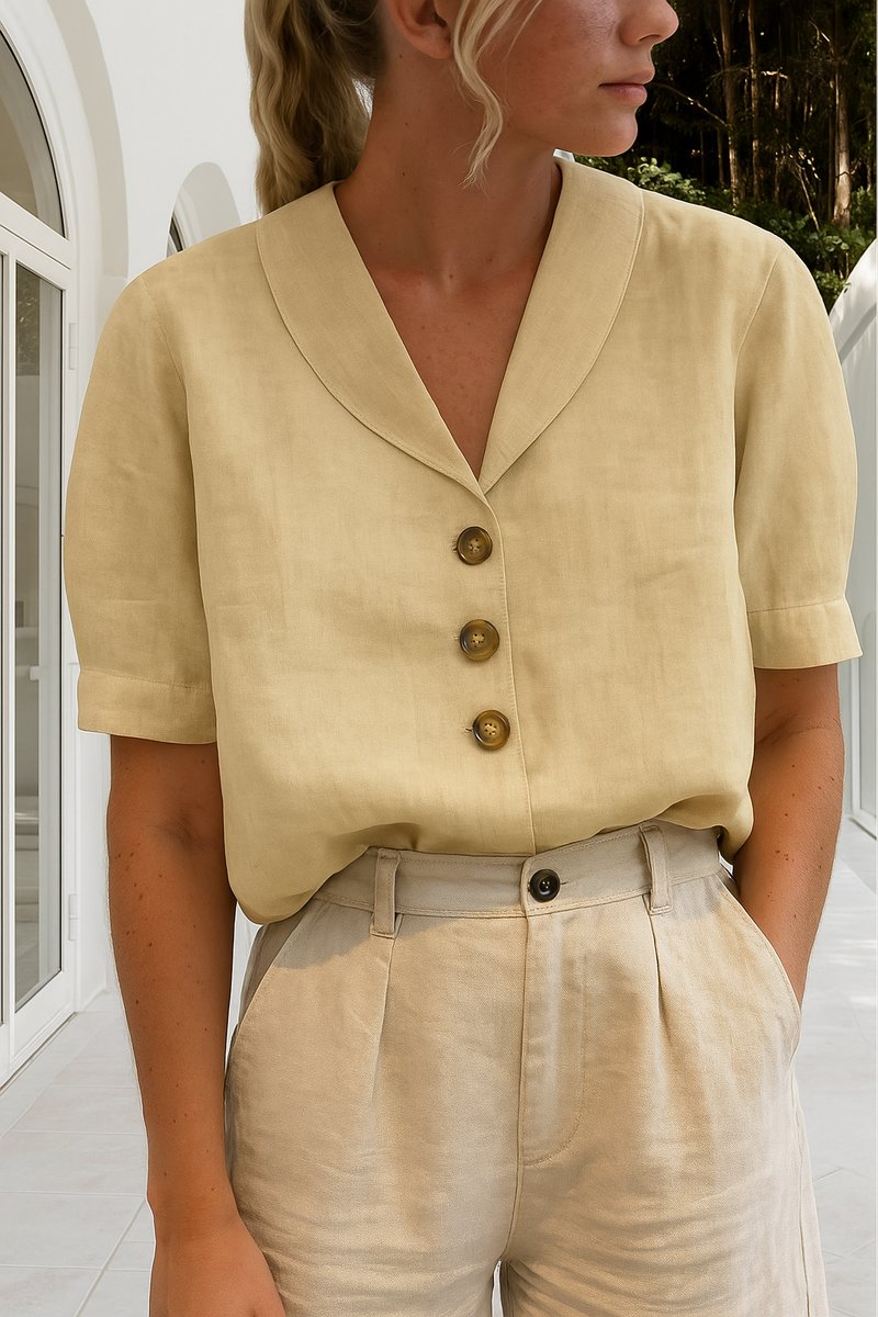 Damen Kurzarm-Bluse mit Knopfleiste Reverskragen Relaxed Fit - Beige