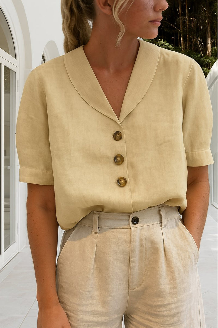 Damen Kurzarm-Bluse mit Knopfleiste Reverskragen Relaxed Fit - Beige
