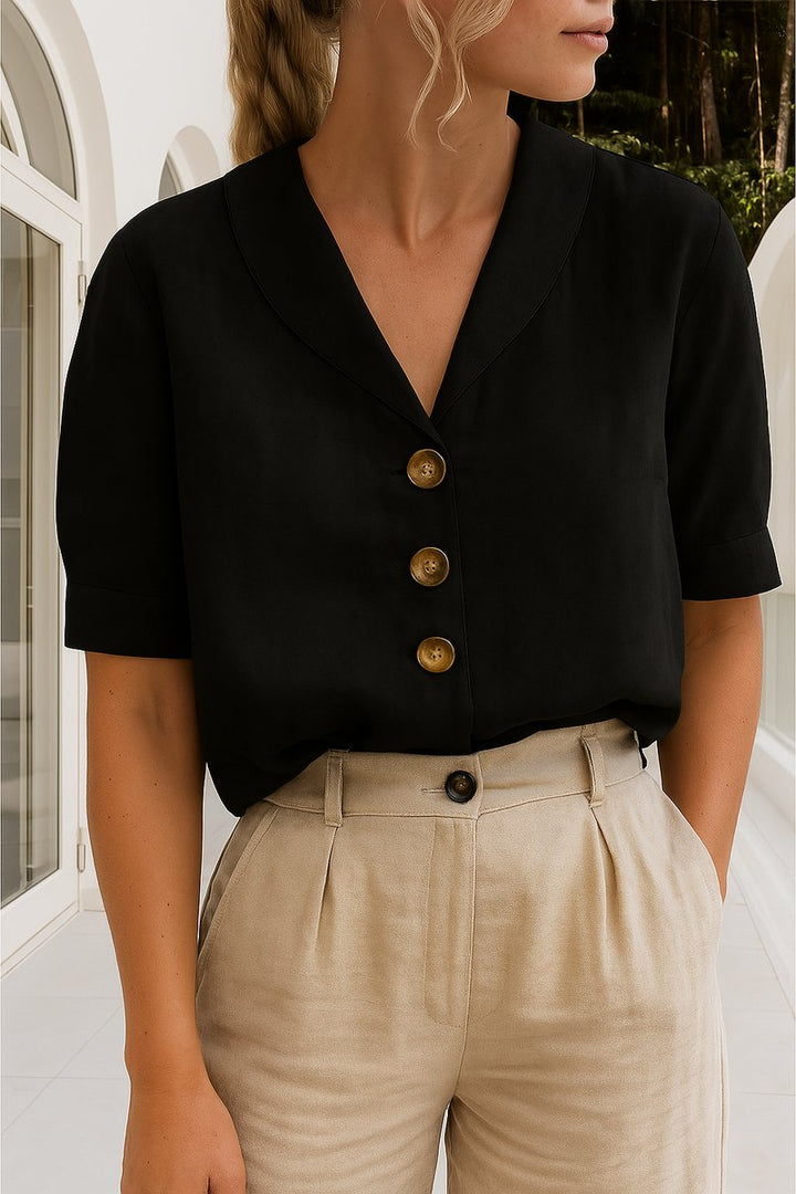 Damen Kurzarm-Bluse mit Knopfleiste Reverskragen Relaxed Fit - Black